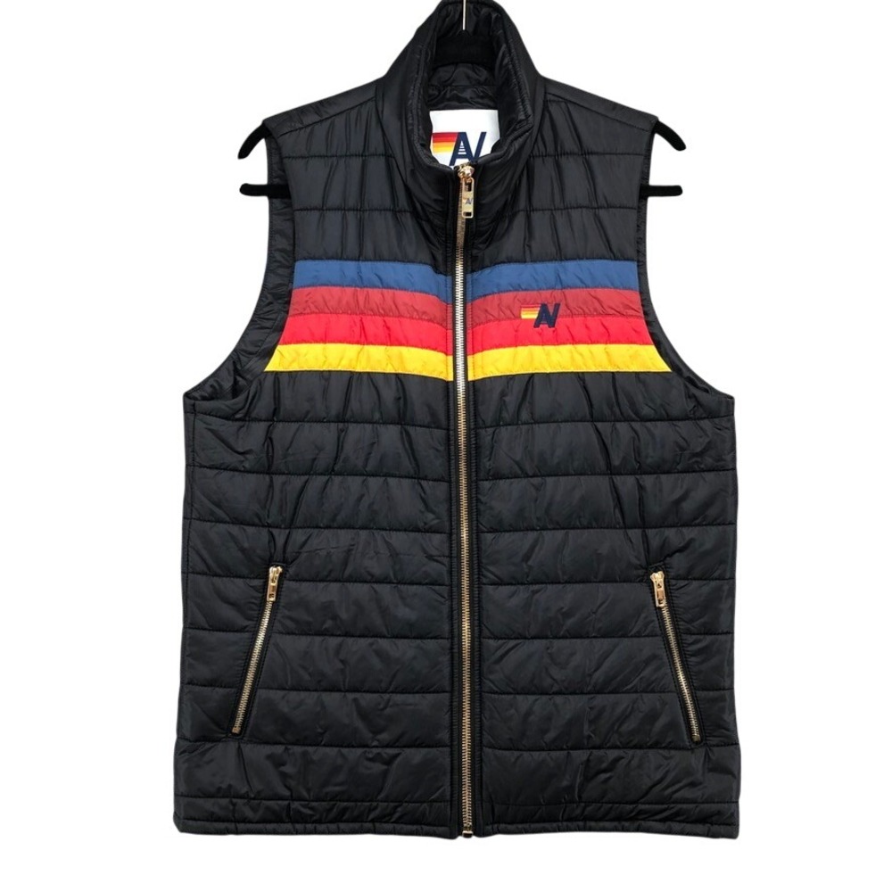 Aviator Nation Puffer Vest Mens M Black Rainbow Stripe Quilted Outerwear